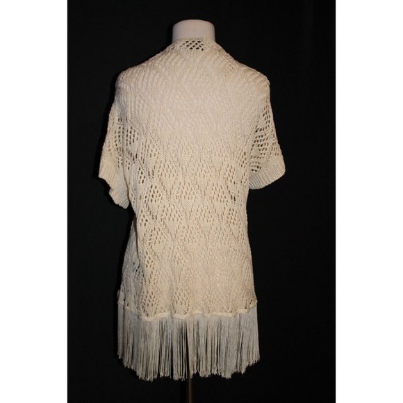 Cliche' Couture Cardigan Medium M Open Front Sweater Ivory Fringe Trim Boho - Picture 2 of 2